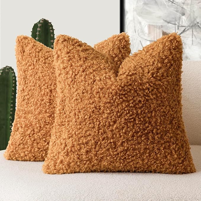 Foindtower 2 Pieces 20x20 Inch Orange, Faux Fur Throw Pillow Cover Accent Sherpa Furry Pillow Covers Fuzzy Soft Pillowcases Cozy Sheepskin Decorative Fleece Cushion Case for Bed Couch Living Room