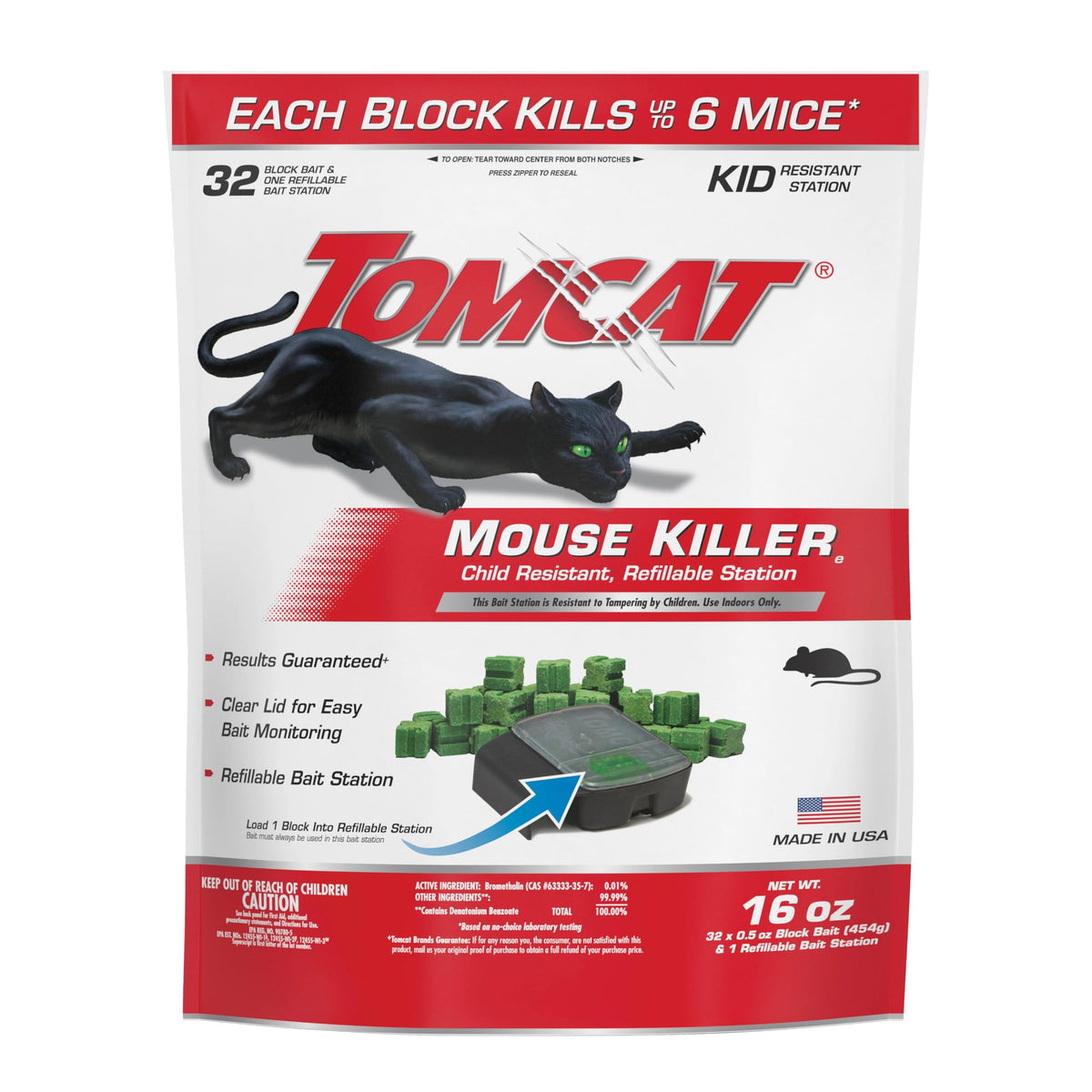 Tomcat Mouse Killer(e), Child Resistant, Refillable Station - Weather-Resistant Indoor/Outdoor Bait Station with Clear Monitoring Lid, 1 Station and 32 Bait Blocks