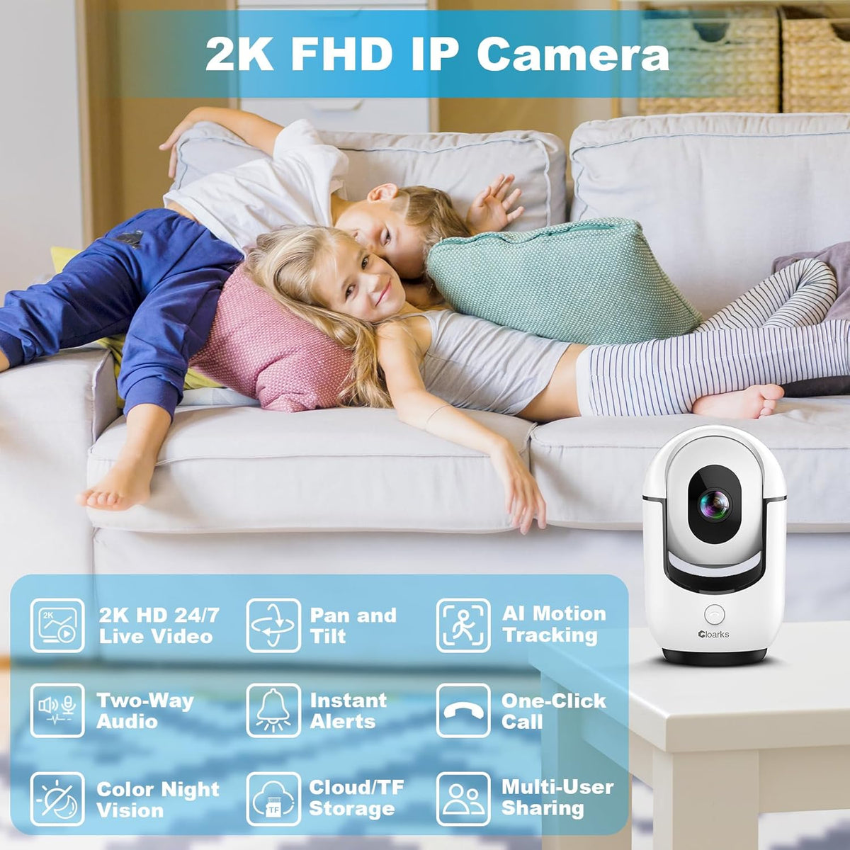 Cloarks 2K 2-Way 24/7, Pan/Tilt Security Camera, WiFi Indoor Cameras for Home Security with AI Motion Detection