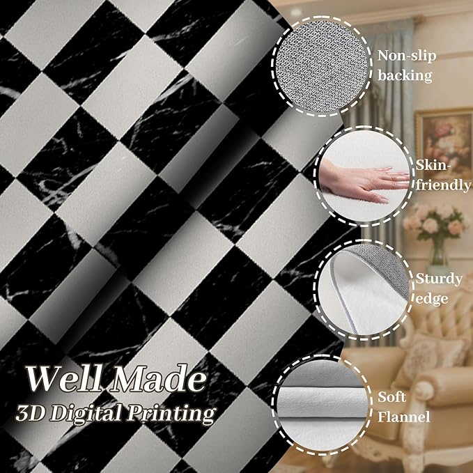 Grey Black Checkered Kitchen Hallway Carpet, 4x12ft, Abstract Black Marble Indoor Decor Washable Rugs, Durable Soft Cozy Non Slip Rug, Breathable Non Shedding Mats for Front Porch
