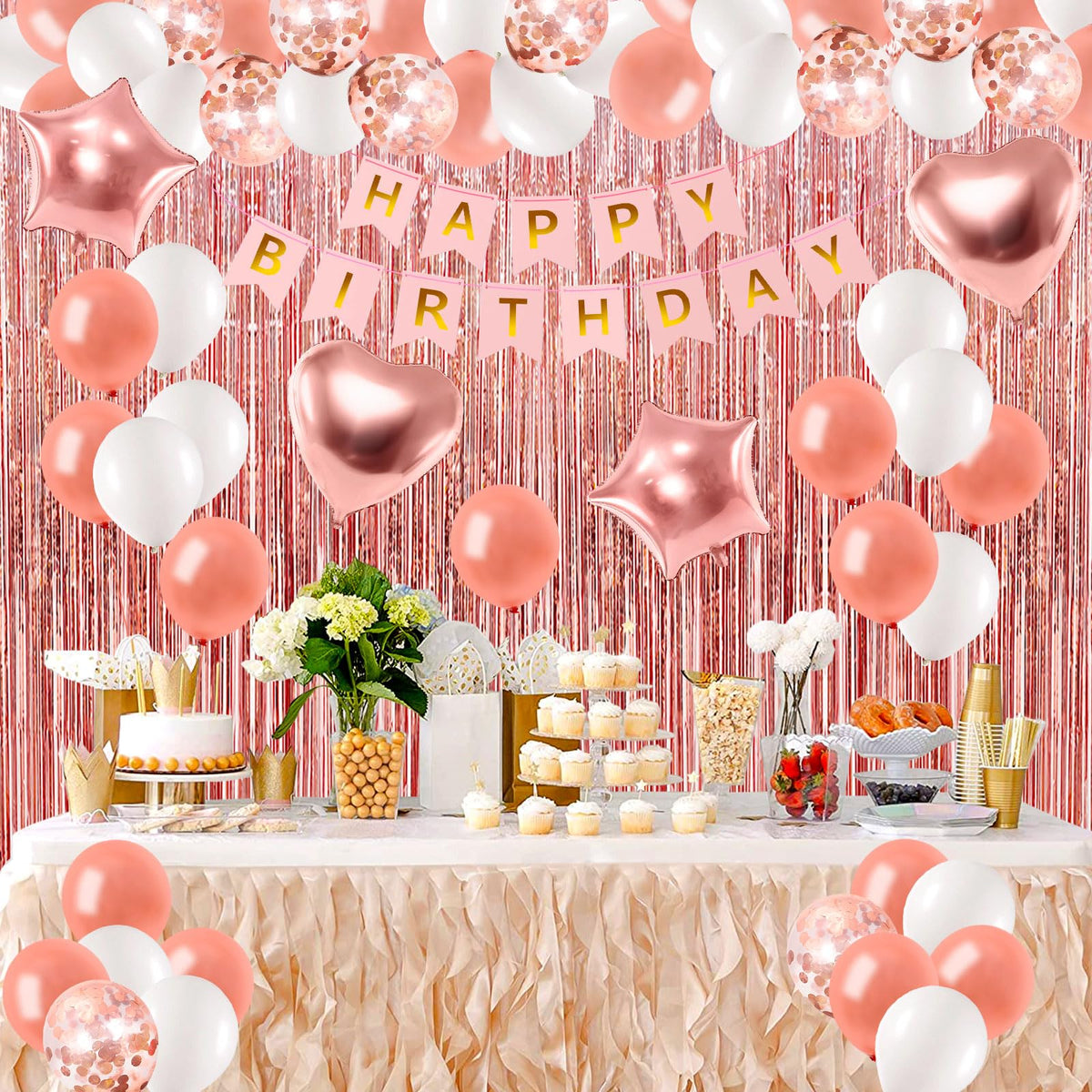 Rose Gold Birthday Decorations With Electric Balloon Pump, Happy Birthday Decorations for Women Girls, Birthday Party Decorations Kit Balloon Garland Kit Decoracion de Cumpleaños Para Mujer