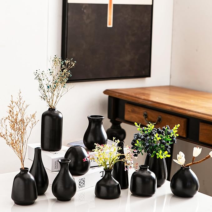 Ceramic Bud Vases, Black Mini Vase Set of 11, Small Pottery Vases for Flowers Mini Ceramic Vases for Pampas Grass Vase Bulk for Wedding Table Centerpieces Decoration Boho Home Decor
