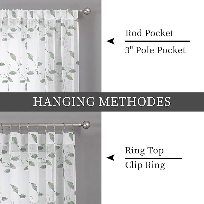 Tollpiz Sage Green Leaf Sheer Curtain Leaves Embroidered Living Room Curtains Rod Pocket Voile Window Treatment for Bedroom, 54 x 72 inches Long, Set of 2 Panels