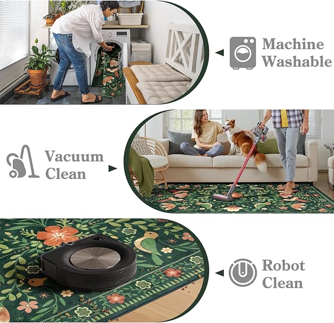 Moynesa Floral Bird Round Rug 6ft Washable Circle Rug Non Slip,Modern Cottage Green Area Rugs for Bedroom Reading Coner,Farmhouse Living Dining Room Aesthetic Carpet Vintage Home Decor