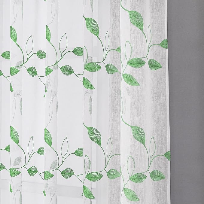 Tollpiz Green Leaf Sheer Curtain Leaves Embroidered Living Room Short Curtains Rod Pocket Voile Window Treatment for Bedroom, 54 x 54 inches Long, Set of 2 Panels