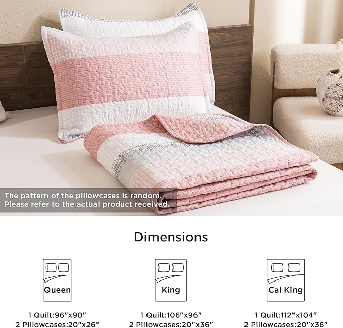 Litanika California King Quilt Set Pink - Cal King Oversized Stripe Comforter Bedspreads & Coverlets - Soft Lightweight Quilted Bedding Set for All Season(1 Quilt, 2 Pillowcases)