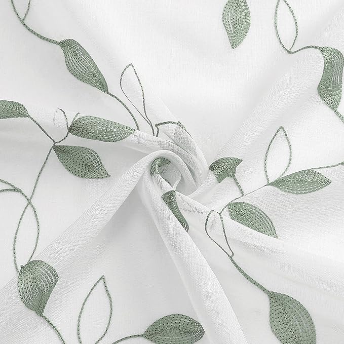 Tollpiz Sage Green Leaf Sheer Tier Curtain Leaves Embroidered Kitchen Curtains Rod Pocket Voile Bathroom Window Treatment for Cafe, 30 x 36 inches Long, Set of 2 Panels