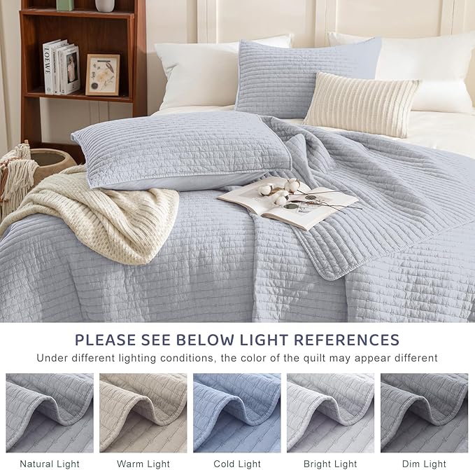 Sanracie Stonewashed Cotton Coverlet Queen Size(90"x98"), Ultra Soft Cornflower Blue Crinkle Quilt Bedding Set 3Pcs Cross Stitch Pattern Lightweight Breathable Bedspread Set for All Season
