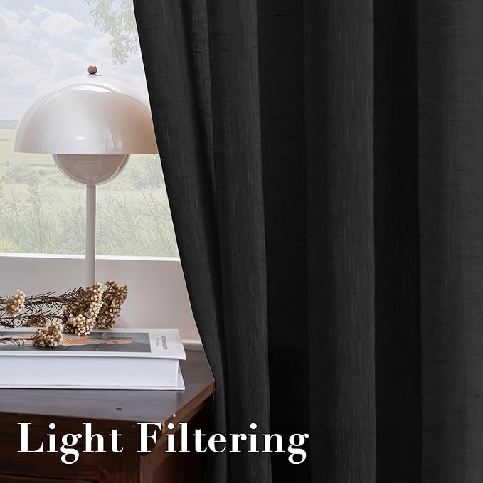 H.VERSAILTEX Linen Curtains Natural Blended Curtain Panels for Living Room/Light Reducing Linen Semi Sheer Curtains 54 inch Length 2 Panels Set Nickel Grommet Window Panels, 52" x 54", Black