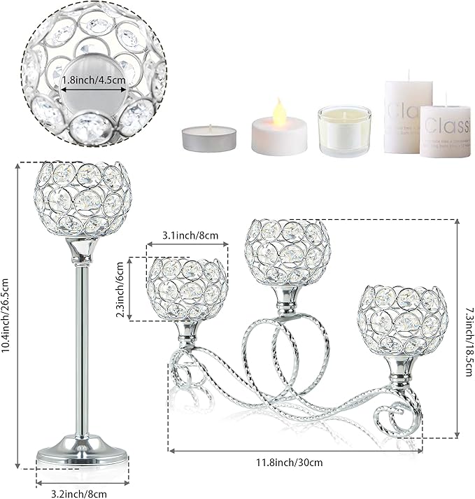 Silver Set of 6 Metal Crystal Tea Light Candle Holder, Elegant Wedding Table Centerpiece Candle Holder, Christmas Wishing Crystal Bowl Candle Holder Suitable for Wedding Party Living Room Decoration