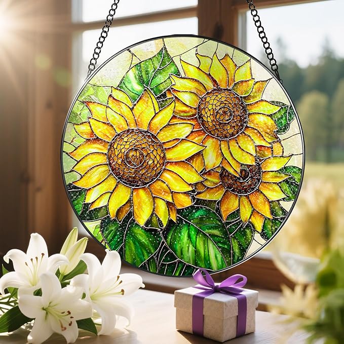 Sunflower Stained Glass Suncatcher, 8 Inch Sun Catchers Indoor Window, Stained Glass Window Hanging, Windows Dedor and Christmas, Mother's Day, Birthday, Gifts for Women Mom, Idea Gift, Gift Exchange