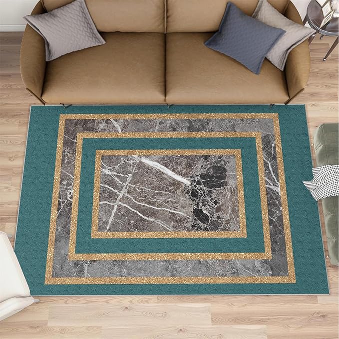 Emerald Green Marble Rug Luxury Teal Marble Area Rug Gilded Geometric Carpet Vintage Stone Crack Carpet for Bedroom Bedside Living Room 5x7ft