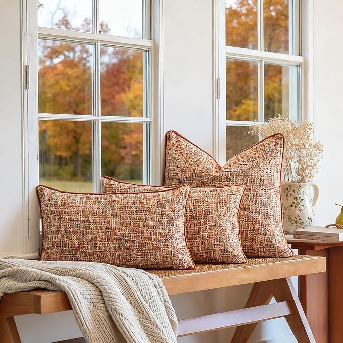 a moment Fall Rust Orange Reversible Pillow Covers 2 Pack - Farmhouse Chenille Throw Pillows, Neutral Textured Decorative Throw Pillow Covers with Border for Couch Sofa Bed (20x20 Inch, No Insert)