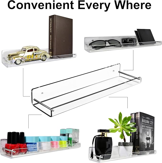 AMT 2 Pack Acrylic Floating Shelves, 15" L x 4" W, Clear Bathroom Wall, Bookshelves, Invisible Display for Office, Bedroom, Small Gap Allows Water to Escape, Free Screws & Drill Bit (L- New Model)