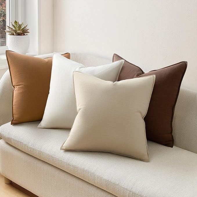 Neutral Brown Linen Pillow Covers Pack of 4 Decorative Natural Solid Throw Pillow Covers Soft Accent Boho Farmhouse Couch Pillowcases Modern Home Decors for Living Room Bed Sofa 18x18 Inch