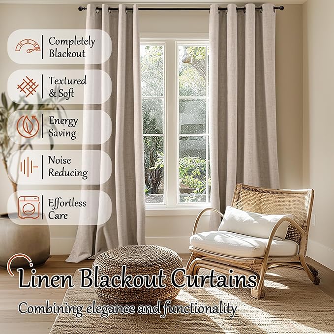 Lajode Beige 100% Blackout Curtains for Living Room 84 Inch Length 2 Panels Set, Thermal Insulated Light Blocking Faux Linen Curtains for Bedroom, Bronze Grommet Boho Window Drape Each 52" Wide