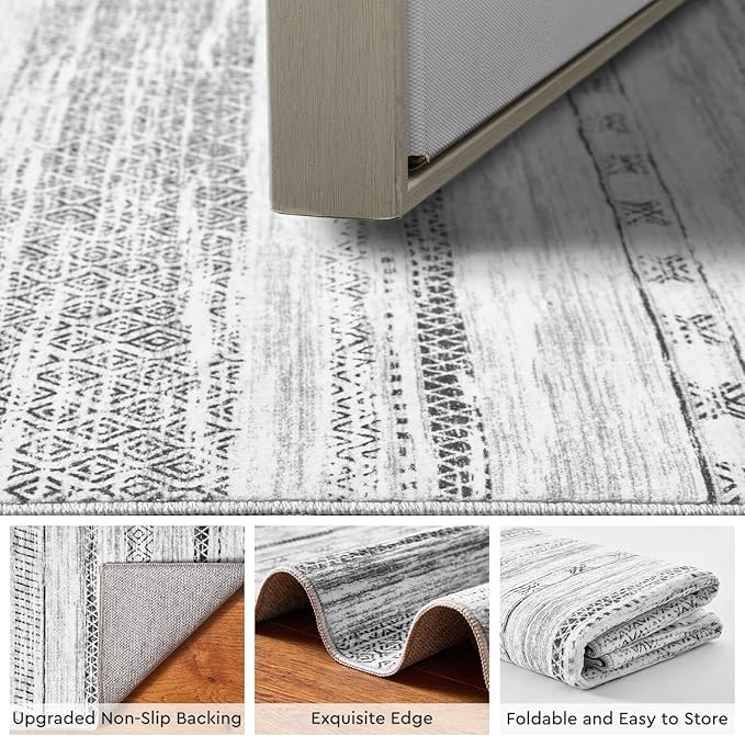 3x5 Area Rug Machine Washable Non Slip Rug Distressed Neutral Moroccan Boho Rug Ultra Soft Indoor Rugs for Bedroom Living Room Entryway Kitchen Foyer Bedside, Black