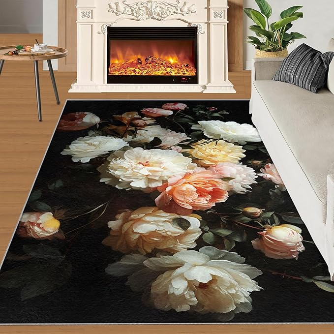 Flowers 6x9 Area Rugs for Living Room Peony Washable Rug Rustic Flowers Rug Non Slip Low Pile Soft Area Rugs for Bedroom Bedside Dining Room Kids