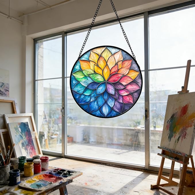 DASTOLL Stained Glass Window Hanging, Colorful Flower Petals Sun Catchers Diamond Glass Panel Hangings Suncatcher Decor for Birthday for Women, Men, Wife, Aunt, and Mom 14.9x14.9 in