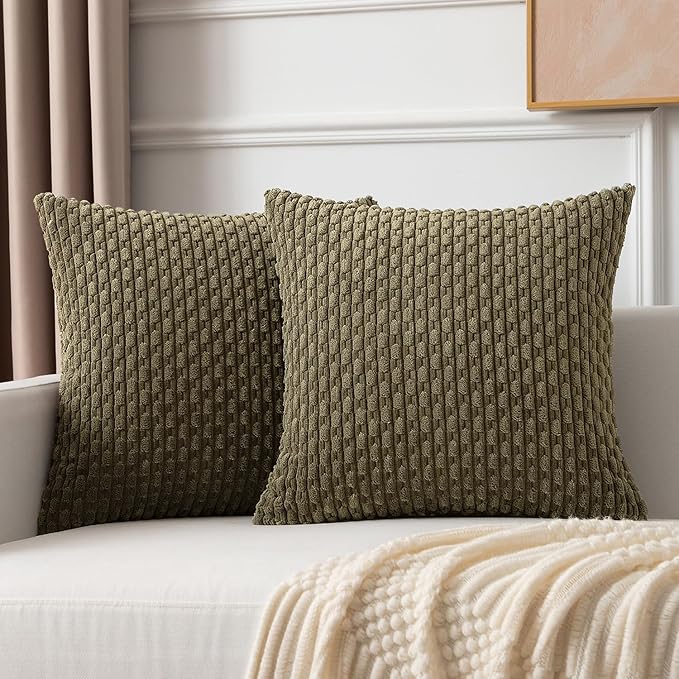 Kevin Textile Pack of 2 Corduroy Decorative Throw Pillow Covers 16x16 Inch Soft Boho Striped Pillow Covers Modern Farmhouse Home Decor for Sofa Living Room Couch Bed Olive Green