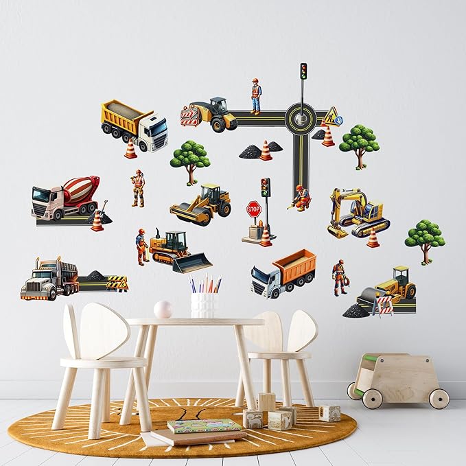 Construction Car Wall Decals for Boys by Lipastick - Road, Trucks, Tractors, Excavators Wall Stickers for Kids Bedroom, Nursery, Playroom - Peel and Stick Transport Themed Wall Decals - L Size