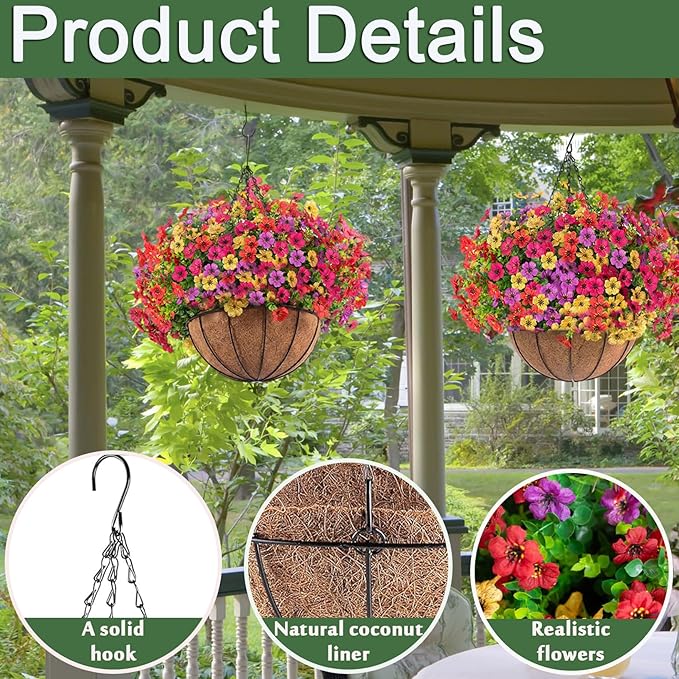 Orgrimmar 2 Pack Artificial Hanging Flowers Basket Outdoor Fake Hanging Plants UV Resistant Realistic Silk Flowers Eucalyptus in Coconut Lining Baskets for Home Porch Balcony Patio Yard Muti-Color