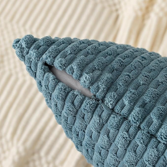 Kevin Textile Throw Pillow Covers Soft Corduroy Decorative Set of 2 Boho Striped Pillow Covers Pillowcases Farmhouse Home Decor for Couch Bed Sofa Living Room 12x20 Inch Blue Grey