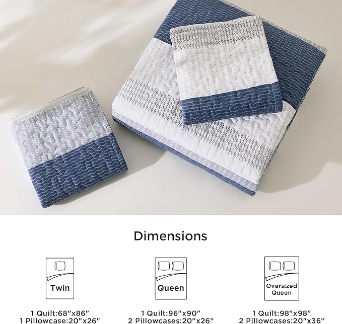 Litanika Oversized Queen Quilt Set Mineral Blue, 98x98 Stripe Bedspread Coverlet 3 Pieces, Mineral Blue Lightweight Quilted Bedding Set for All Season(Oversized Queen-1 Quilt, 2 Pillowcases)