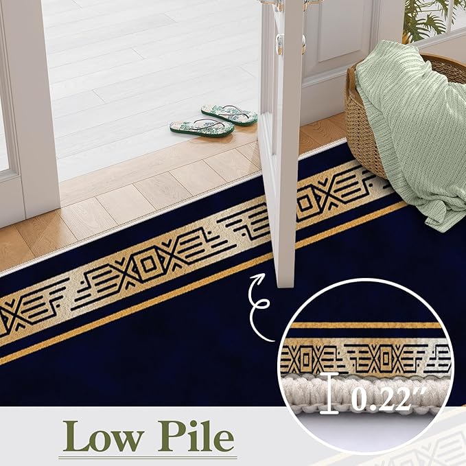 Abstract Navy Blue Runner for Entryway, 2x8ft, Retro Luxury Gold Geometric Border Living Room Rug, Print Fade Resistant Absorbent Dirty Resistant Long Indoor Rugs for Bedside Sofa