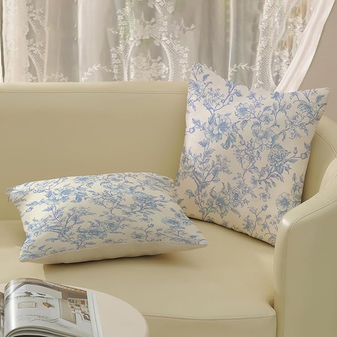 Baby Blue Pillow Covers 16x16 Set of 2 Blue and Cream Floral Chinoiserie Throw Pillows Vintage Rustic Toile Flower Decorative Pillowcase Outdoor Chinoiserie Decor Cushion Case for Couch Sofa