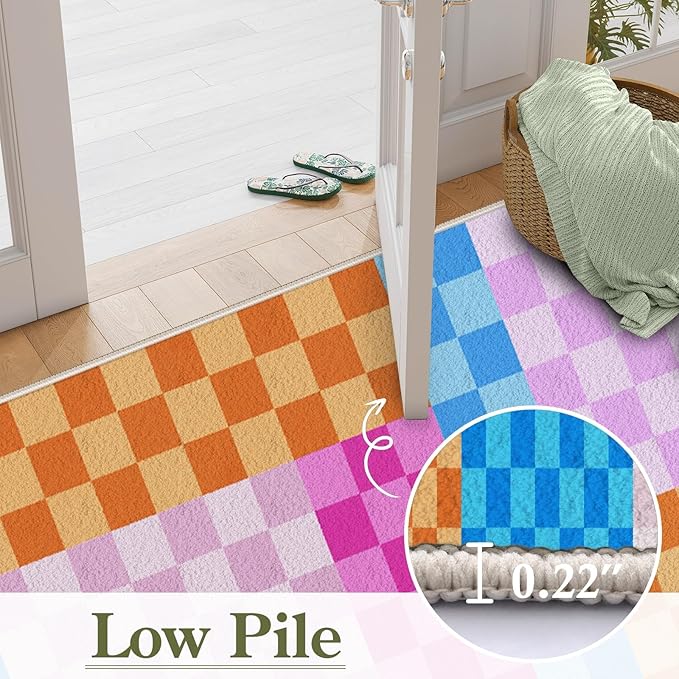 Multicolored Checkerboard Grid Runner for Entryway, 2x8ft, Boho Colorful Checkered Pattern Kids Playing Mat, Cozy Soft Absorbent Reduce Noise Rugs, Durable Washable Carpet for Family