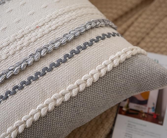 Boho Throw Pillow Covers 12x20 Inch Set of 2, Grey Textured Decorative Couch Pillow Cases for Farmhouse Home Decor, Accent Cushion Cover for Sofa, Bed, Living Room, Bedroom