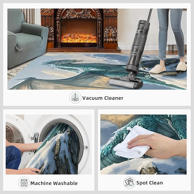 Dragon Area Rug 3x4 Washable Rug Fantasy Animals Rugs for Living Room Winter Landscape Non Slip Carpet Floral Print Mat Bedroom Bathroom