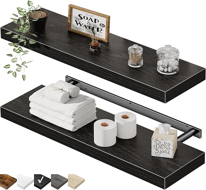 QEEIG Floating Shelves for Wall 23.6" Long - Wall Mounted Shelf Bathroom Kitchen Living Room Bedroom Farmhouse Home Decor Display Bookshelf Large 23.6 x 9.3 inch Set of 2, Black (008-60B)