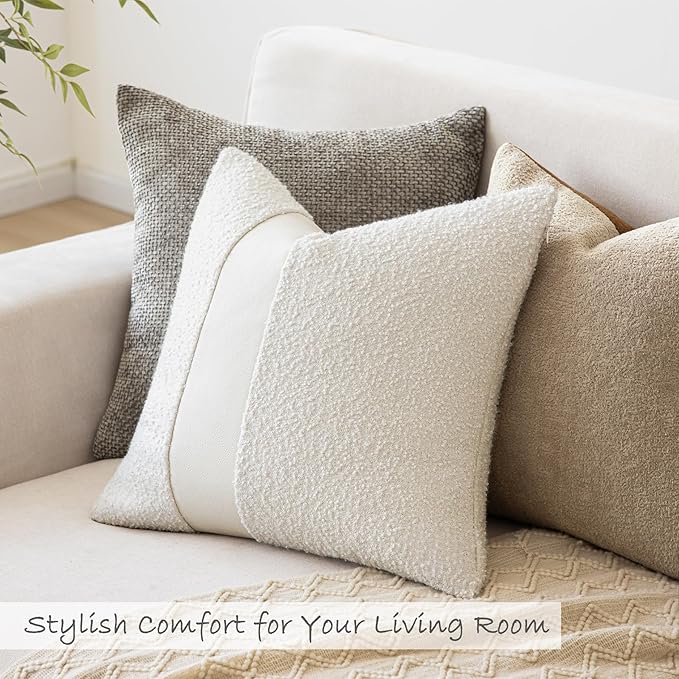 24"x24" White Boucle Pillow Covers with Faux Leather Accents Set of 2 Fluffy Textured Decorative Throw Pillow Cases for Couch Bed Boho Farmhouse Square Cushion Covers for Home Décor