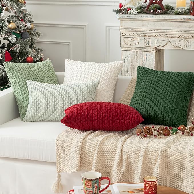 Kevin Textile Pack of 2 Corduroy Decorative Throw Pillow Covers 22x22 Inch Soft Boho Striped Pillow Covers Modern Farmhouse Home Decor for Spring Sofa Living Room Couch Bed Dark Green