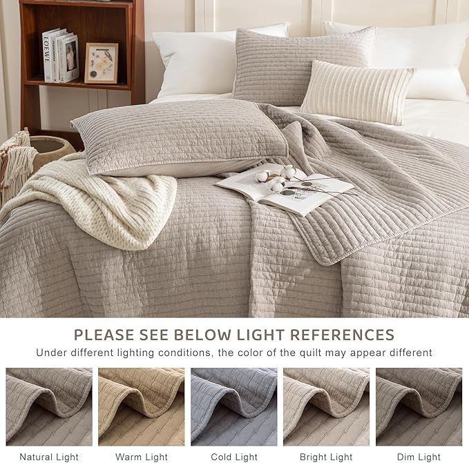 Sanracie Stonewashed Queen Quilt Bedding Set(90"x98"), Cotton Linen Colored Crinkle Bedspread Coverlet 3Pcs Soft Lightweight Breathable Cross Stitch Pattern Bedspread Set for All Season