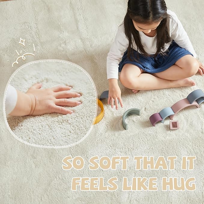 jinchan Solid Plush Round Rug 4ft Performance Shaggy Circle Rug 4' Round Washable Indoor Soft Modern Faux Wool Non Slip Carpet for Living Room Kids Room Bedroom Dining Room Ivory