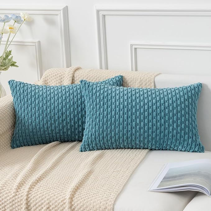 Kevin Textile Throw Pillow Covers Soft Corduroy Decorative Set of 2 Boho Striped Pillow Covers Pillowcases Farmhouse Home Decor for Couch Bed Sofa Living Room 12x20 Inch Light Blue
