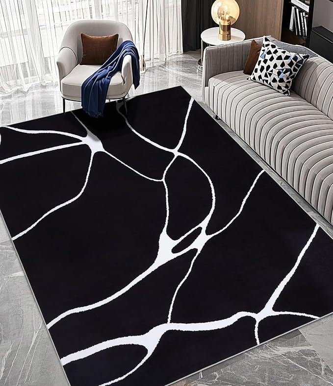 YIHOUSE Modern Washable Area Rug for Living Room Bedroom - Large Abstract Black and White Rug Non-Slip Ultra-Thin Home Decor (Dark Warping, 5'x7'ft)