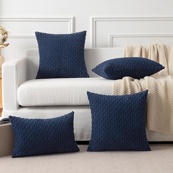 Kevin Textile Euro Sham Pillow Covers 28x28 Inch 2 Packs Soft Boho Striped Corduroy Decorative Throw Pillows for Living Room Couch Bed Sofa Rustic Farmhouse Home Decor 71x71cm Navy Blue