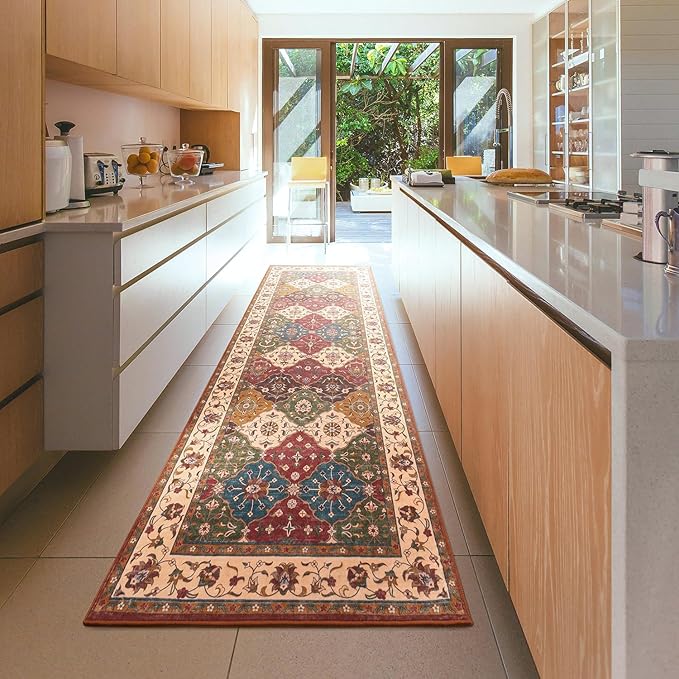 Lessymo Washable Runner Rug 2x6, Moroccan Faux Wool Runner Rug Non Slip for Hallways Kitchen Entryway Laundry Room Bedroom Bathroom, Low Pile, Kid & Pet Friendly, Classic Red and Cream
