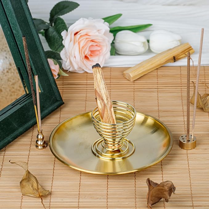 ZenBless 5 in 1 Incense Burner, Palo Santo Holder, Sage Holder, Incense Holder for Incense Sticks/Coil Incense/Incense Cones, 5.5 inches Brass Ash Catcher for Meditation Yoga Room