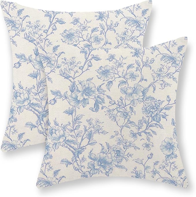 Baby Blue Pillow Covers 16x16 Set of 2 Blue and Cream Floral Chinoiserie Throw Pillows Vintage Rustic Toile Flower Decorative Pillowcase Outdoor Chinoiserie Decor Cushion Case for Couch Sofa