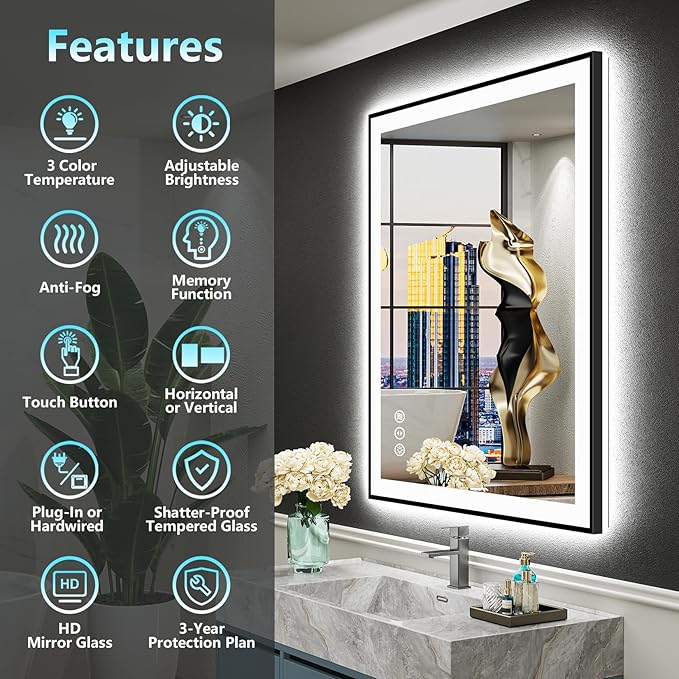 30"x36" Black Framed LED Bathroom Mirror with Lights, Backlit & Front Lit, Anti-Fog Lighted Vanity Mirrors for Bathroom Wall, Dimmable, 3 Colors, Memory, Shatter-Proof, Tempered Glass, CRI＞90
