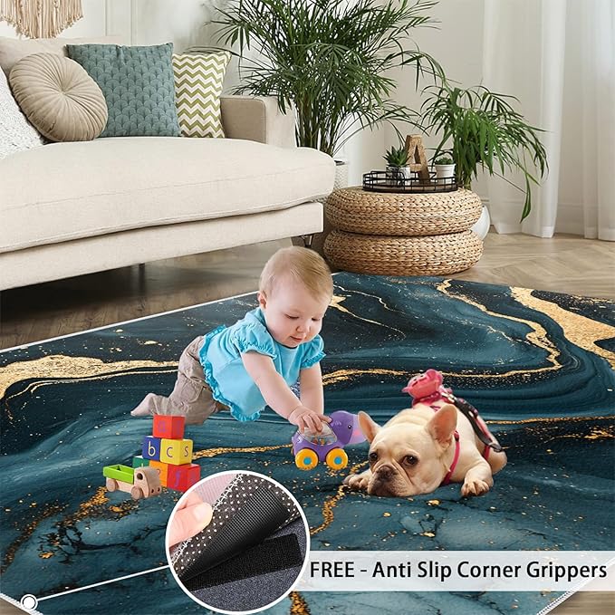 Marble Washable Area Rugs 5x7 Non-Slip Fluid Art Living Room Rug Gold Lines Soft for Carpet Low Pile Indoor Door Mat & Room Decor