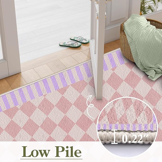 Pink Checkered Long Hallway Rug Runners, 3.3x10ft, Cute Girly Purple Geometric Design Bedroom Carpets for Girls, Fade Resistant Durable Pet Friendly Easy Clean Carpet for Indoor Porch