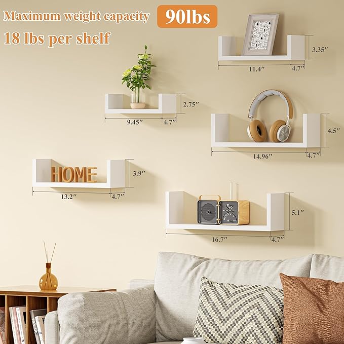 SRIWATANA Floating Shelves for Wall, Wall Shelves for Bathroom, Bedroom, Living Room, Kitchen, Office, Wood Shelves for Home Decor Set of 5 (Washed White)