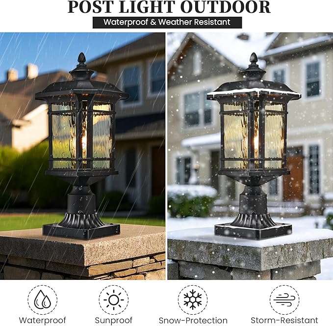 Outdoor Post Light 18.3" Waterproof Pole Light with Water Ripple Glass for Garden Patio Pathway E26 Socket