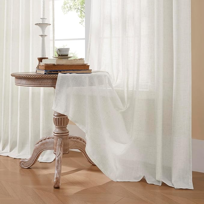 Joydeco Light Filtering Curtains 108 Inch Length for Bedroom, Linen Curtains 108 Inch Length 2 Panels Set for Living Room，White Semi Sheer Curtains 108 Inches Long with Rod Pockets